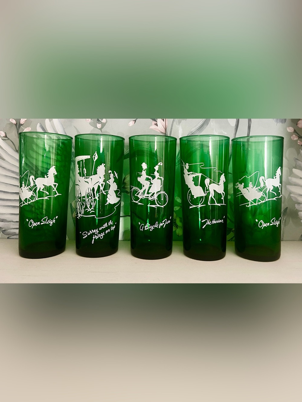 Vintage Emerald Green Anchor Hocking Gay Nineties Glassware Tumblers, Set of 5
